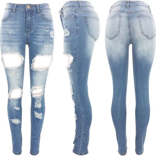 Sexy Casual Pencil Pants Ladies Mid-waist Ripped Hole Hips Tight Jeans Ankle Length Women Pants 2020 Autumn New