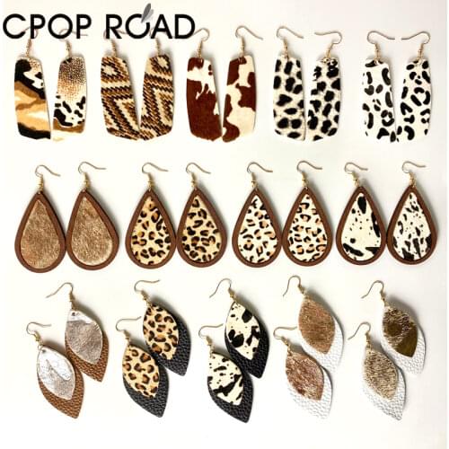 Genuine Cowhide Leather Earrings for Women Round Horse Eyes Feather Leopard Wood EarringTrendy Bohemia Jewelry New Hot Wholesale