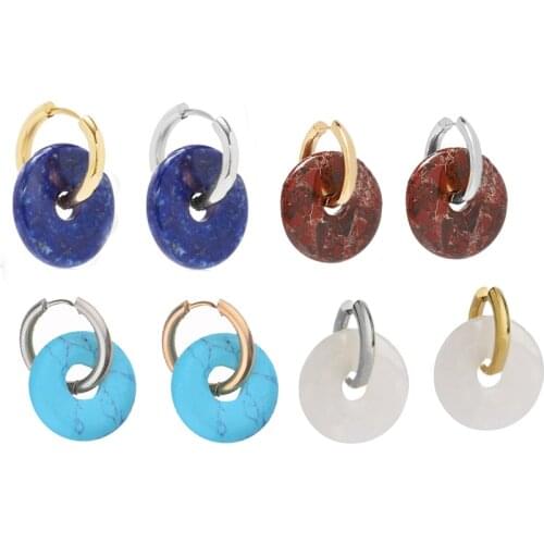 Boho women lady gold silver stainless steel hoop women Natural Lapis Lazuli earrings jewelry 1 Pair Fashion Wedding Statement