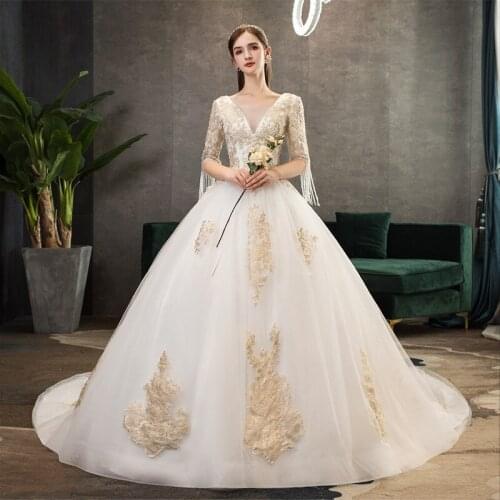 Wedding Dress Lace V-Neck Embroidery Beading Half Sleeves Elegant Backless Plus Size Wedding Gowns Long Vestidos De Novia G021