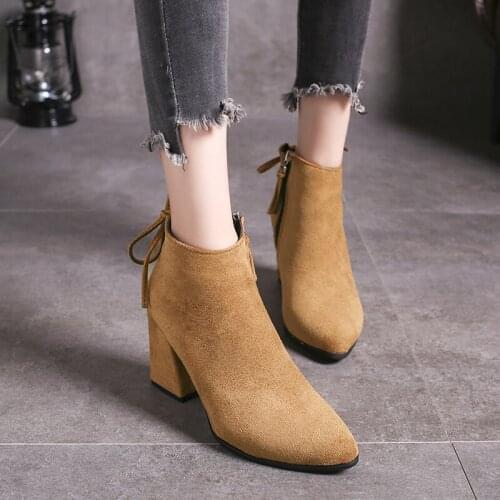 Autumn Winter Fashion Solid Color Women Ankle Boots Chunky Block High Heel Pointy Toe Side Zipper Basic Style Shoes
