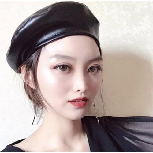 2019 Womens Faux PU Leather Retro Berets Hats Ladies Autumn Beret Hat French Cap Solid Gifts Casual Fashion New Hot Sale