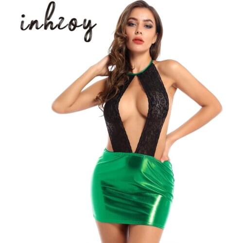 Womens Sexy Bodycon Dress Metallic Patent Leather Lace Lace-up Halter Neck Backless Lingerie Skirt Stage Performance Costume