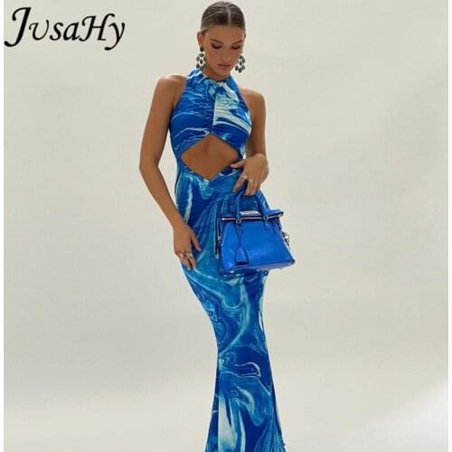 JusaHy Elegant Aesthetic Print Maxi Dress Women Sexy Bodycon Gown Female Waist-Shaping Summer Trend Beach Style Streetwear New