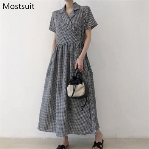Korean Plaid Women Long Dress Summer Short Sleeve Notched Collar Belted Ankle-length Dresses Office Ladies Workwear Vestido 2021