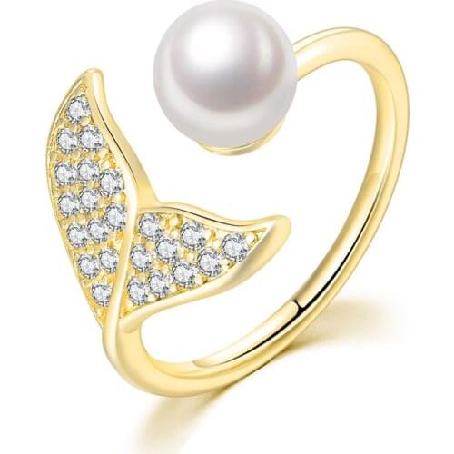 Double Fair Delicate Rings For Women Whales Tail Shaped Imitation Pearl Jewellry Zircon Gold Color Fashion Jewelry R203