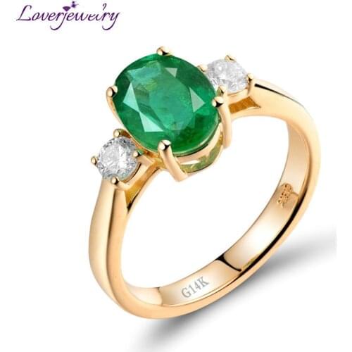 LOVERJEWELRY Lady Rings Solid 14Kt Yellow Gold Emerald Ring Natural Diamond Zambia Emerald Ring 585 Yellow Gold For Lady Gift