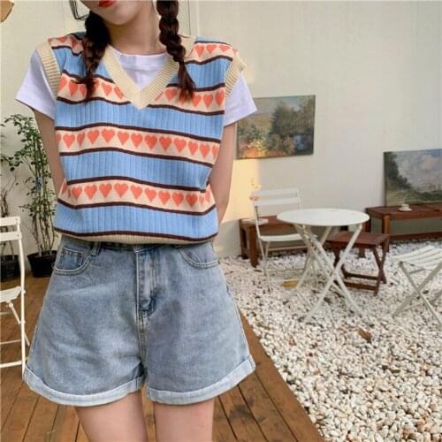 Fashion Heart Pattern V-Neck Knitted Vest Womens Sweater Autumn Striped Sweet Korean Loose Pullover Vest Female Sleeveless Tops