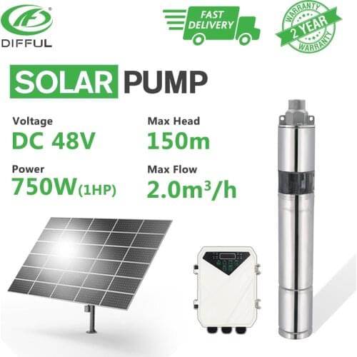 3" DC Screw Deep Well Solar Water Pump Kits 48V 750W MPPT Controller Bore Irrigation Submersible (Max Head 150m, Flow 2000L/H)
