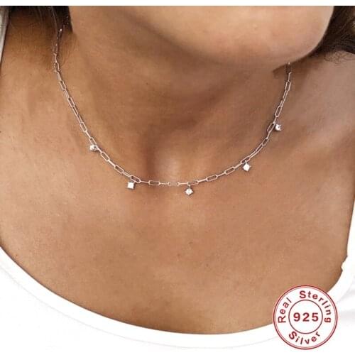 AIDE Fashion INS Zircon Stacking Choker Necklace for Women Simple Paperclip Chain Clavicle Necklaces Silver 925 Jewelry collares