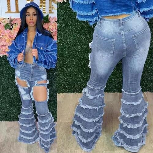 Hollow Out Ripped Flare Jeans Women Fashion Slim High Waist Tassel Bellbottoms Jeans Woman Sexy Distressed Skinny Flare Pants