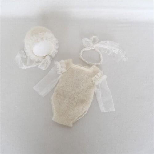 Ivory White PHotograpy Lace Hat and Romper Set Knitted Mohair Newborn Outfit Cute Baby Girl Hedband Baby Shower Gift Overalls