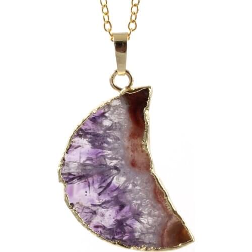 Kraft-beads Light Yellow Gold Color Half Moon Pendant Irrgular Shape Amethysts Crystal Necklace Link Chain Jewelry