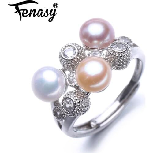FENASY trendy 925 sterling silver ring three freshwater pearl rings for women anniversary birthday mothers day party idea gift