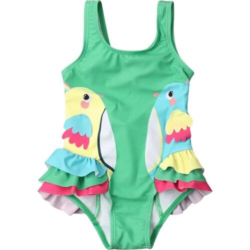 Toddler Kid Baby Girls Cartoon Birds Ruffle One Piece Bikini Swimwear Swimsuit Beach Bathing Suit