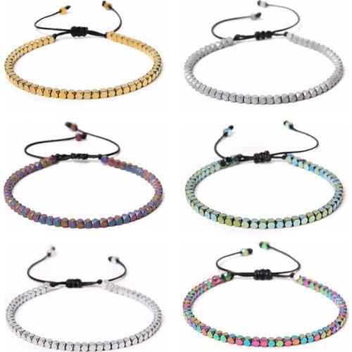 Minimalist Handmade Colored Hematite Beads Braided Beacelet Square Hematites Stone Energy Bracelet Jewelry for Women Men Couples