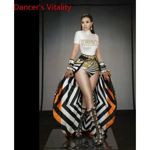 Fashion Modern Nightclub Pole Jazz Disco Dancing Party Singer Car Model DJ Colorful Diamond Catsuit Mullet Skirt Stage Wear