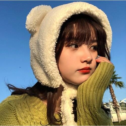 2021New Winter Cute Girl Hats Bear Ears Warm Hat Solid Beanies Women Windproof Cap Student Women Add Wool Cap Female Hat Present