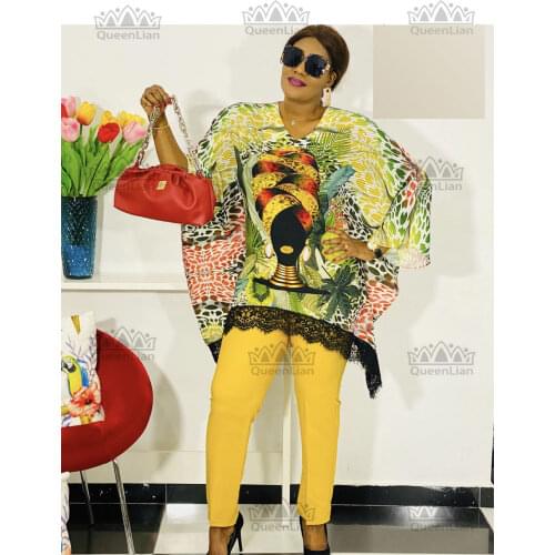 African New Fashion Lace Collar Suit (Dress and Trousers)Bat SLeeve Suit Oversized African For Lady(KSTZ2#)