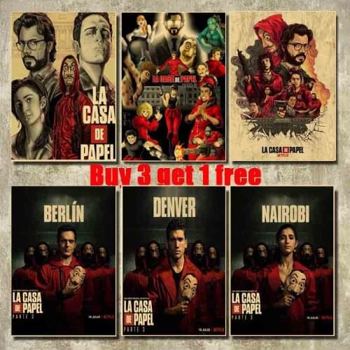 Retro La Casa De Papel Money Heist Posters Kraft Paper TV Play Vintage Poster Home Decor Room Art Painting Bar Cafe Wall Sticker