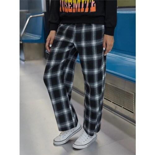 Dropshipping vintage plaid pant elastic waist pant women high waist plus size wide leg Pants Casual female korean trouser women