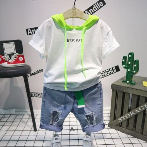 Retail 2018 boys summer new wild hooded digital sweater pants two sets toddler girls summer clothing