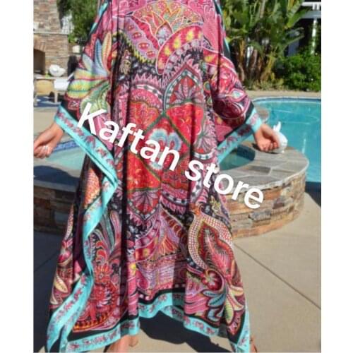 Batwing Sleeve Bohemian Printed Silk Kaftan maxi dresses الأوروبية الملابس Kuwait traditional Muslim Women beach dress for lady