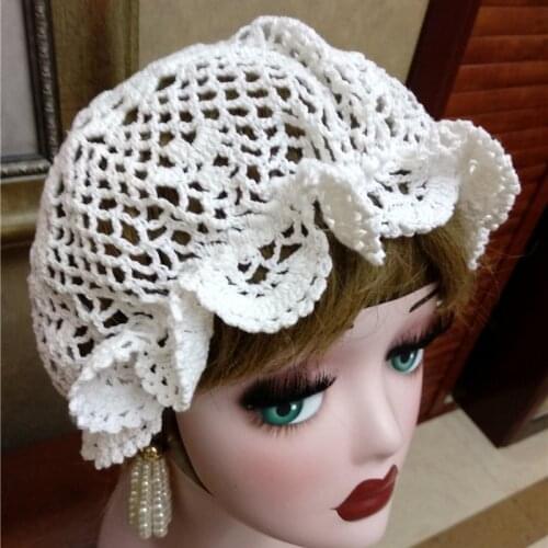 Handmade Lolita Bonnet Ruffled Cosplay Hat Crochet Hollow Medieval Vintage Maid Women Girls Pumpkin Sweet Cap