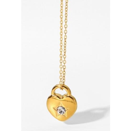 Trendy Heart Shape Lock Zircon Pendant Necklace For Women 18k Gold Plated Stainless Steel Choker Necklace