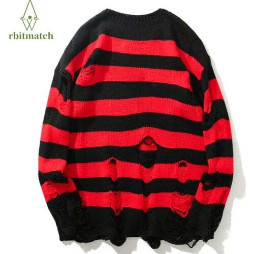 Contrast Stripe Knitted Sweater Man Autumn Winter Hip Hop Hole Streewear Punk Cotton Men And Womens Pullover Oversized Sweater