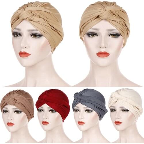 Turban Hat Cotton Muslim Turban Scarf Women Twist Cross Chemo Sleep Islamic Inner Hijab Cap Femme Turbante Hair Accessories