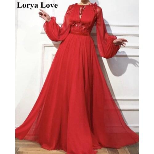 Red Long Sleeves A-Line Evening Dresses 2020 Sexy Women Formal Party Robe De Soiree Elegant Chiffon Vestido Long Prom Maxi Dress