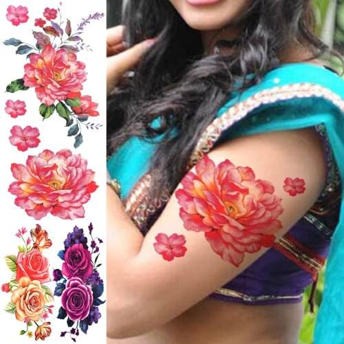 Peony Rose Temporary Tattoos For Women Girls 3D Orchid Carnations Flower Tattoo Sticker Fake Watercolor Sexy Arm Tatoos Decal
