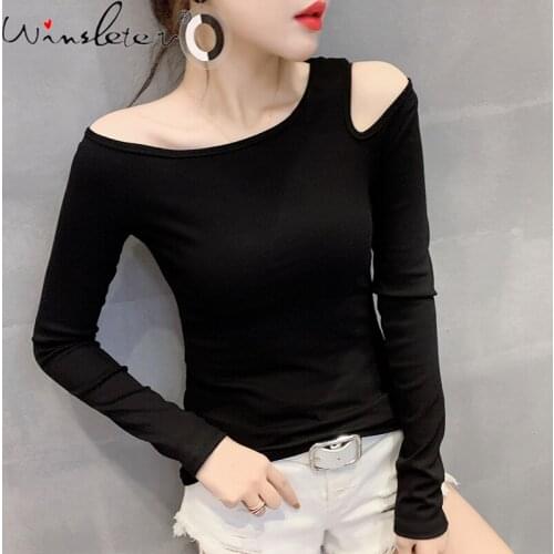 Autumn European Clothes Cotton Solid T-Shirt Chic Sexy Skew Collar Off Shoulder Women Tops Long Sleeve Pullover Tees New T17323A