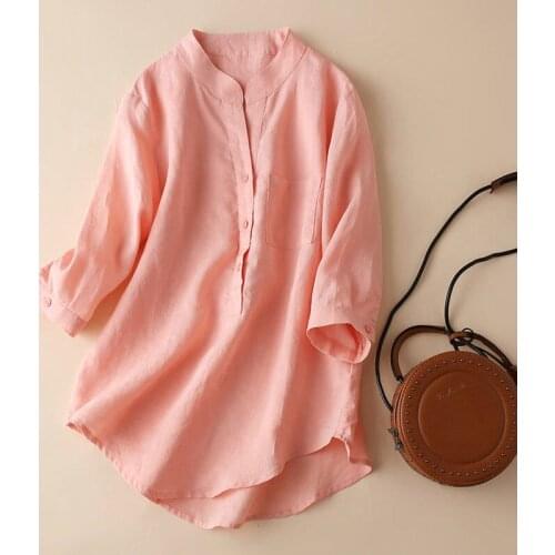 2021 Spring Summer Cotton Stand-up Collar Shirt Female Plus Size Shirt Loose Casual Three-quarter Sleeve Top Blouses Woman Top