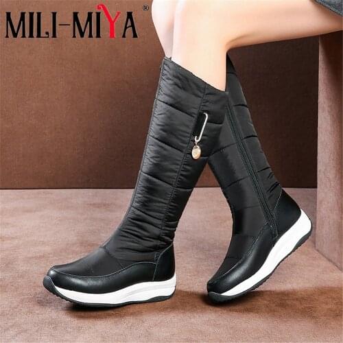 MILI-MIYA Warm Plush Women Cow Leather Snow Boots Knee High Down Cloth Zipper Solid Color Waterproof Plus Size 34-44 For Ladies