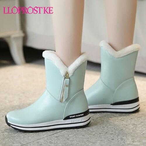Lloprost ke Wedges Snow Boots Women Winter PU Warm Fur Shoes Woman Fashion Ladies Black White Pink Blue Round Toe Ankle Boots