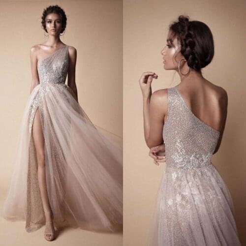2020 Evening Dresses One Shoulder High Side Split Lace Special Occasion Gowns Sexy Backless Sweep Train A Line Prom Dress