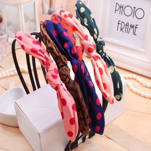 1pcs/lot New Design kids Rabbit Ears Dot Tie Headband DIY Silk Ribbon Bow Elastic Hair Bands Hair Accessories