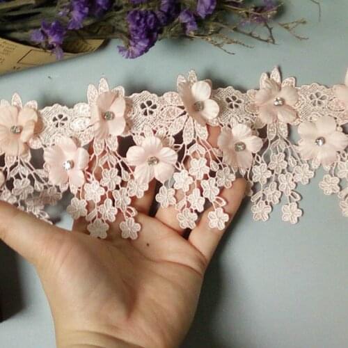 1 Yard Pink 9cm Pearl 3D Flower Tassel Lace Trim Ribbon Fabric Embroidered Applique Sewing Craft Wedding Dress Clothes