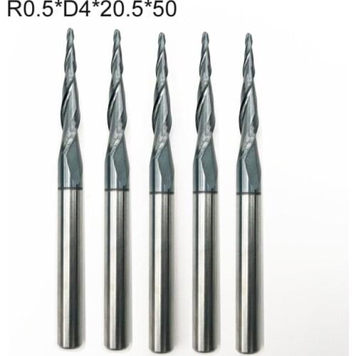 5pcs/lot R0.5*D4*20.5*50L*2F HRC55 Tungsten solid carbide Coated Tapered Taper Ball Nose End Mill cone type cnc milling cutter