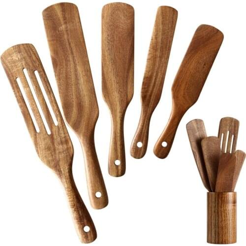 6 Pack Natural Teak Cooking Utensils Set, Non Stick Wooden Cookware Slotted Spurtle Spatula Sets for Stirring, Mixing