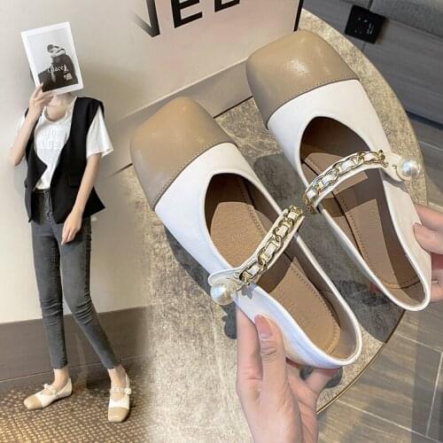 Fashion Pearl Chain Ballet Flats Women Soft Pu Leather Square Toe Loafers Shoes Woman Slip on Flat Heel Single Shoes 2021