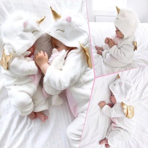 0-24M Baby Girl 3D Unicorn Flannel Rompers Fashion Ropa Bebe girls Cartoon Hooded warm zipper Jumpsuit Newborn Romper Clothes