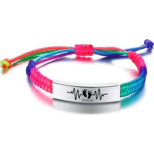 Engraved Name Footprinted Children Baby Bracelet Sofe Braided Rope Bracelet Personalized Heartbeat Date For 0-7yeas Boy Girls