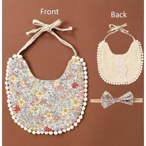 Baby Cotton Linen Printing Bowknot Headband Bibs Set Double Sided Feeding Saliva Towel Bandana Scarf Hair Band