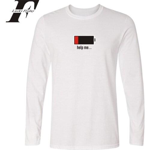 Battery Printed Long Sleeve Solid T-shirt Letters HELP ME Energy Low Funny T Shirts Male Battery T shirt Homme Brand Clothing