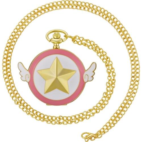 Pocket Watches Cartoon Anime Sakura Star Wing Quartz Pocket Watch with Necklace Chain Best Gifts for Women Girls