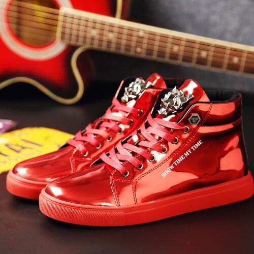Trend Red Luxury Men Casual Shoes Glitter High-top Sneakers Men Mirrors Sequins Spring Autumn Hip Hop Shoes Men Leisure Footwear