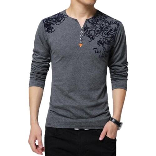 Floral Print Tshirt Men Fashion Henry Collar Button Decorate Long Sleeve T Shirts Mens Spring Autumn Cotton Tops Plus Size 5XL